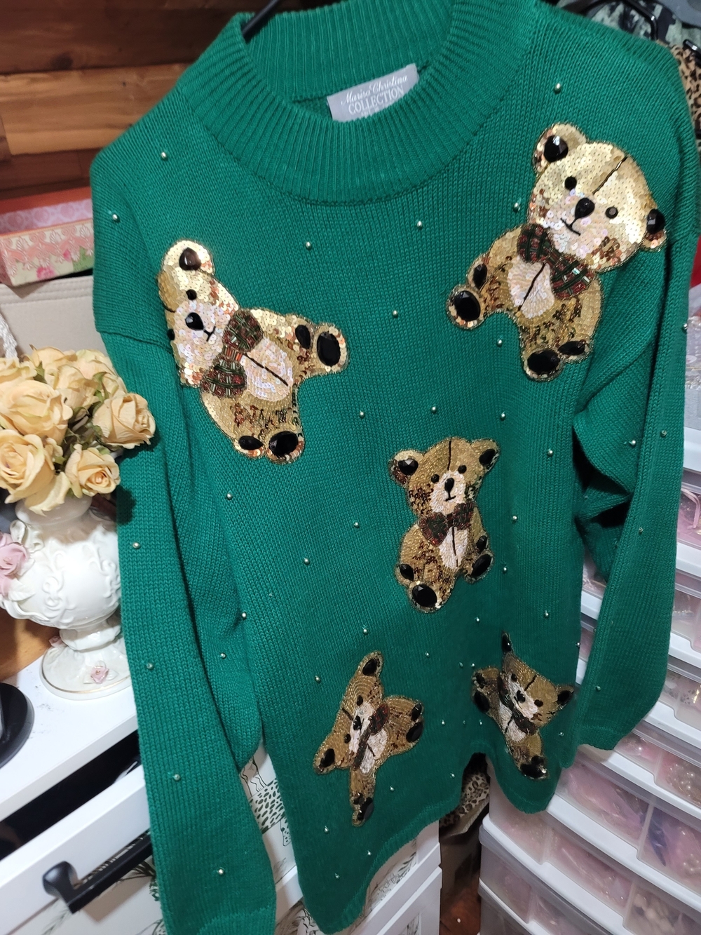 Vintage Green Sweater with Gold Sequin Teddy Appliqués